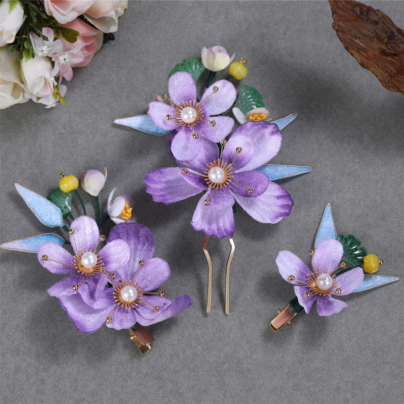 Classical Dance Hanfu Ancient Style Chinese Purple Flower Hairpin Accessory Set Versatile Palace Style Floral Hair Ornaments