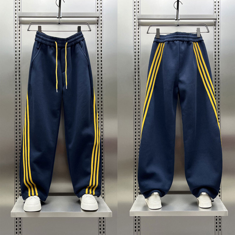 Spring Vintage American-Style Three-Stripe Wide-Leg Sweatpants for Men, Trendy Loose Casual Joggers with Striped Patchwork Straight-Leg Trousers