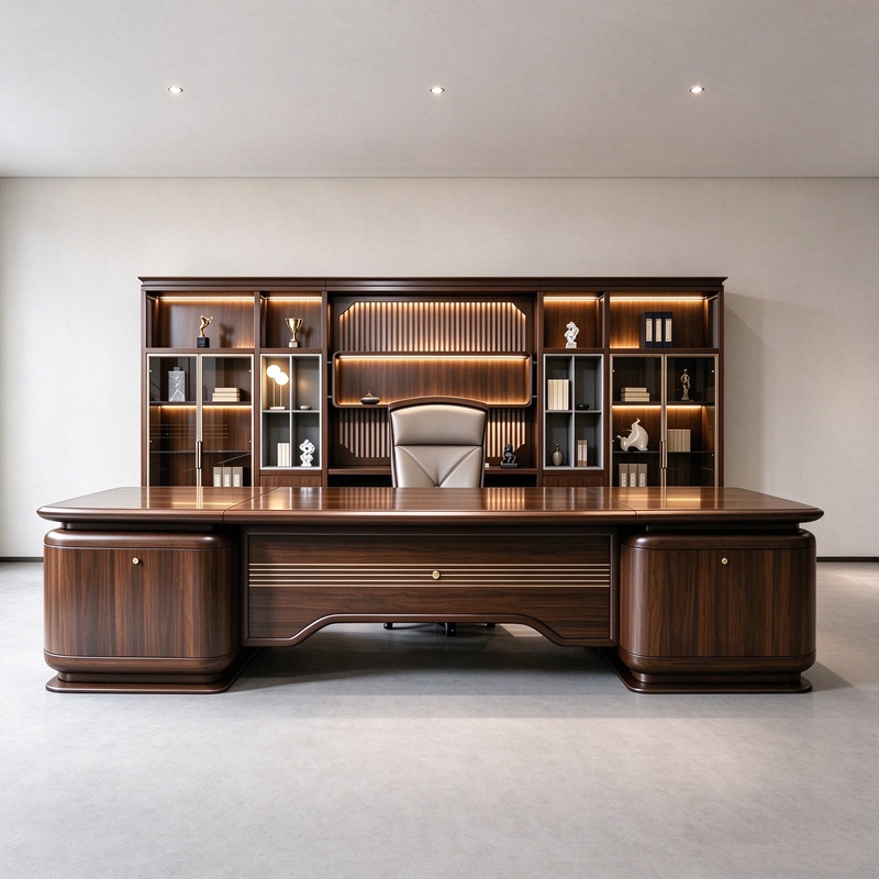 New Chinese-Style Solid Wood Executive Desk, Black Walnut Wood Boss's Office Desk, High-End and Elegant Bookcase Combination, Leader's Desk