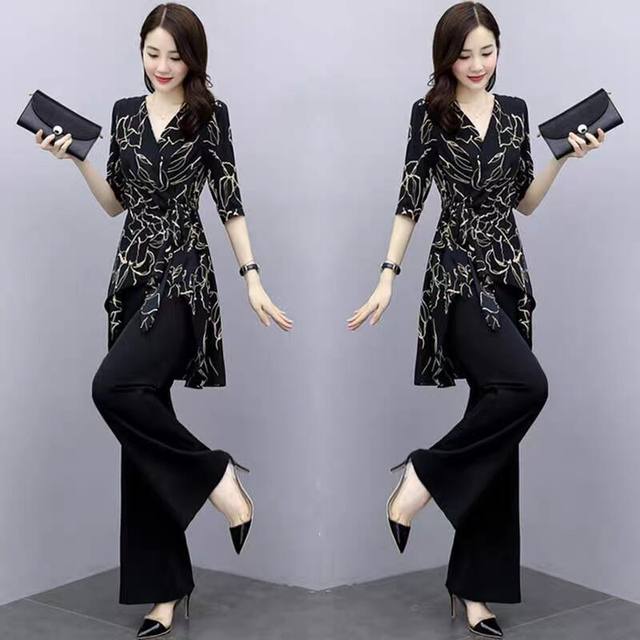 Chiffon wide-leg pants suit women's summer clothes 2023 new women's clothes slimming and age-reducing western style goddess Fan Yujie two-piece set