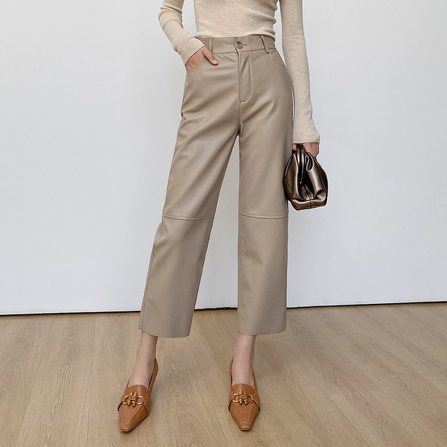 Wan Dayi Loose Stitching Elastic Waist Cropped Pants Women's Autumn and Winter Commuting Versatile High Waist Looks Thin Straight Leg Cropped Leather Pants