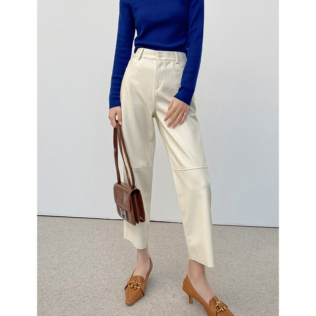 Wan Dayi Loose Stitching Elastic Waist Cropped Pants Women's Autumn and Winter Commuting Versatile High Waist Looks Thin Straight Leg Cropped Leather Pants