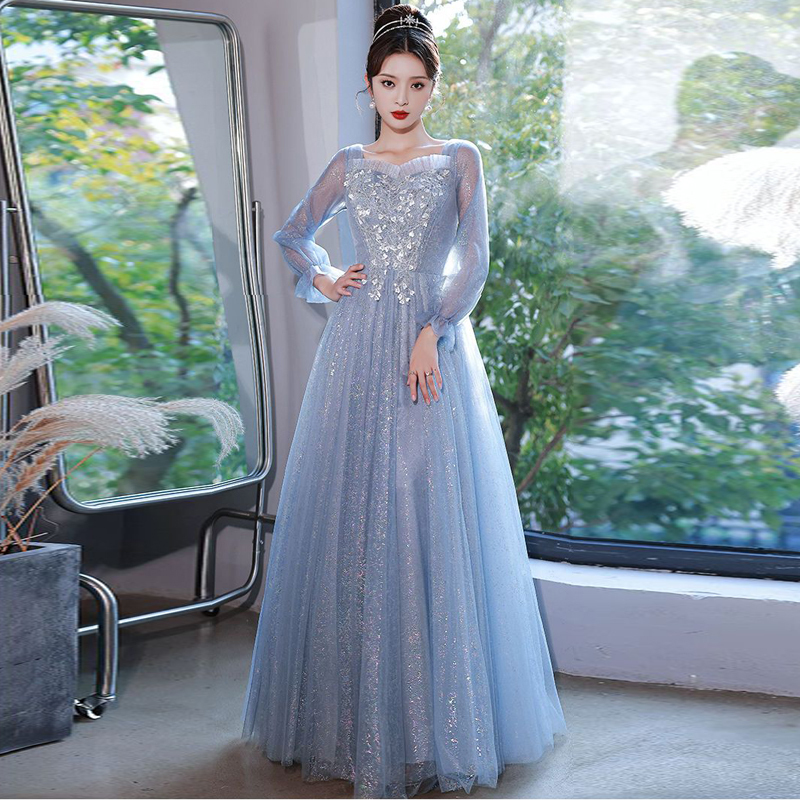 High-End Blue Dress with a Sense of Sophistication, Suitable for Banquet Hosts, Ethereal Vocal Performance, Art Exam Dress, Student Performance Costume