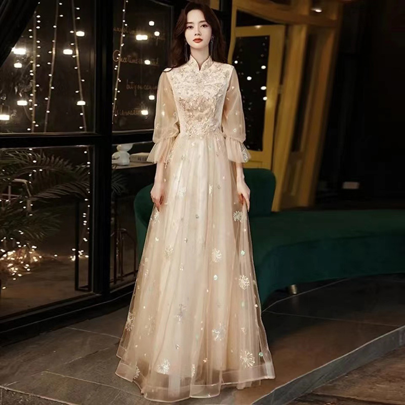 Annual Meeting Chinese-Style Evening Dress Banquet Host Piano Guzheng Performance Costume Art Exam Graduation Ceremony Dress