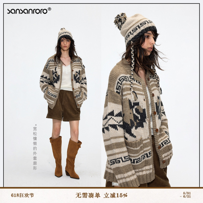 Sansanroro* Jacquard Chunky Knit Vintage Jacquard Ethnic Cardigan Sweater Coat Sansanroro* Jacquard Chunky Knit Vintage Jacquard Ethnic Cardigan Sweater Coat
