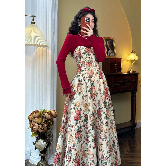 Mrs. Xiao floral suspender dress women's autumn and winter temperament fairy skirt temperament high-end waist French skirt