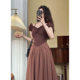 Mrs. Xiao French style small flying sleeves coffee dress women's summer retro French temperament skirt waist slimming suspender skirt