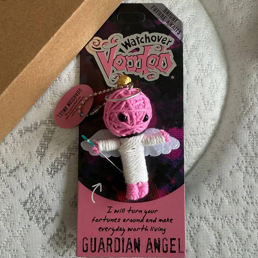 Trendy handmade thread-wrapped mummy witch doll keychain - 10 guardian angel designs - white (with story card)