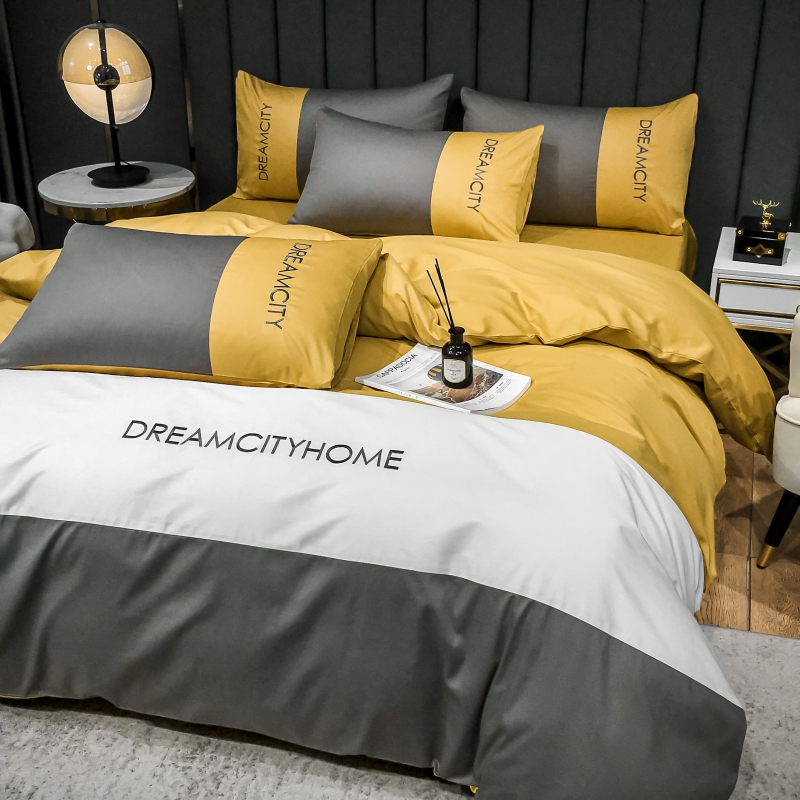 Color-block cotton four-piece 100 cotton high-grade light luxury embroidery single quilt cover cover on the article 4