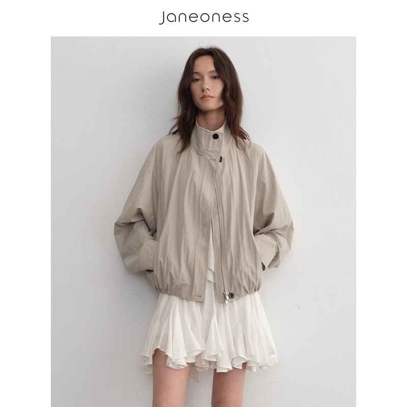 Janeoness Salt-Washed Cotton Simple Commuter Textured Stand-Up Collar Loose Jacket Short Coat for Women Autumn Janeoness Salt-Washed Cotton Simple Commuter Textured Stand-Up Collar Loose Jacket Short Coat for Women Autumn