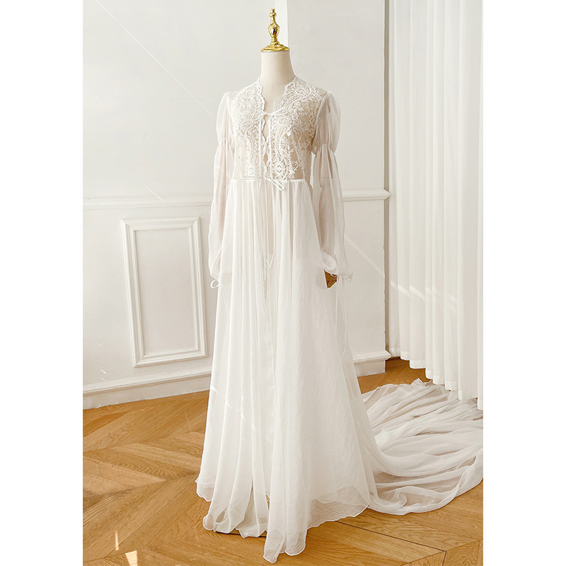 Bridal Robe, Long French Style with Long Train, High-End Feel, Wedding Photography, White Lace Gauze, Wedding Nightgown, Robe Bridal Robe, Long French Style with Long Train, High-End Feel, Wedding Photography, White Lace Gauze, Wedding Nightgown, Robe