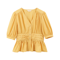 BANYANA STUDIO Bubble Sleeves Blouse Blouse 2022 Summer new Korean version Short Folds V Collar Short Sleeve Shirt