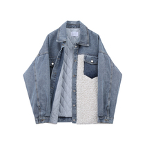 C Denim Splicing Lamb Wool Jacket Woman 2022 Autumn Winter New Korean version Loose Clip Cotton Thickened Denim Jacket Tide