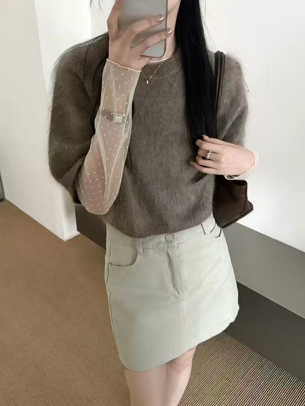 8085 Soft Wool Knit Sweater, Round Neck, Short Style, Versatile Layering, Fluffy Short-Sleeve Top