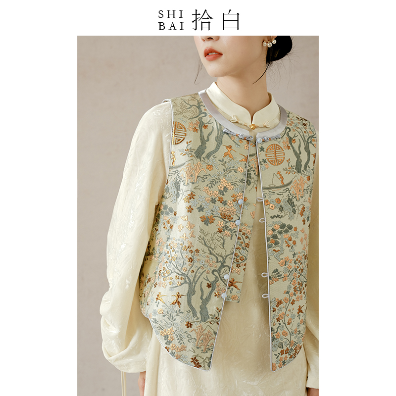 SHIBAI ten white new Chinese horse chia spring autumn new original national wind women's clothing zen tea sweatclothes jacquard disc buckle blouses-Taobao