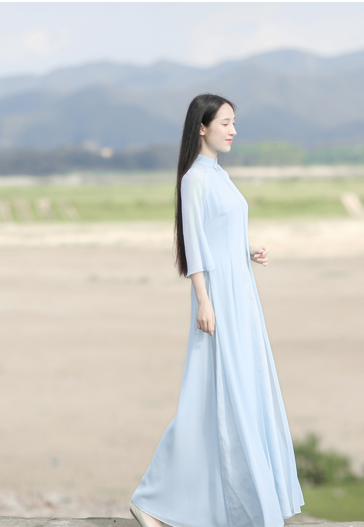 Su rèm Trung Quốc Zen nữ mùa hè khóa retro sửa đổi dịch vụ trà sườn xám phong cách cổ xưa Đầm voan Hanfu váy chiết eo