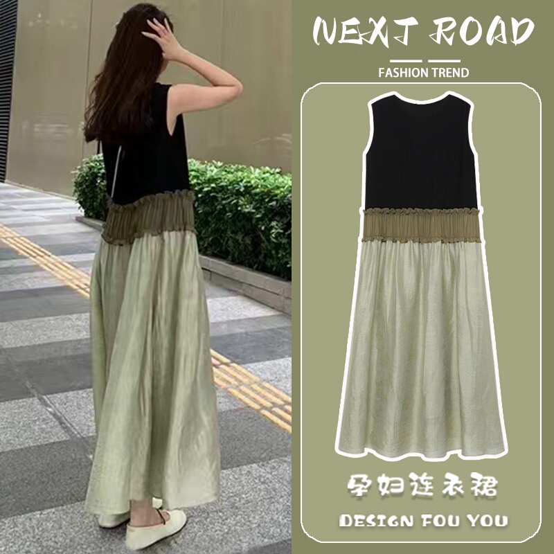 British Dhwa Maternity Wear Summer 2026 New Dress Round Neck Spliced Sleeveless Mid-Length Dress That Covers the Belly and Looks Slimming