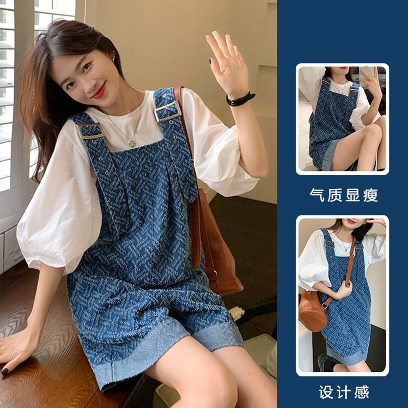 British Dhwa Maternity Overalls Summer Denim Wide-Leg Shorts Puff Sleeve Base Shirt Two-Piece Casual Set