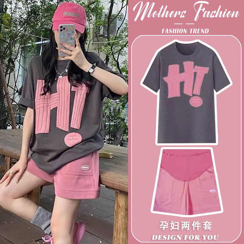 British Dhwa Maternity Set Summer 2026 Women's Color-Blocked Round-Neck Fashionable Thin Short-Sleeved Top and Shorts Two-Piece Set British Dhwa Maternity Set Summer 2026 Women's Color-Blocked Round-Neck Fashionable Thin Short-Sleeved Top and Shorts Two-Piece Set