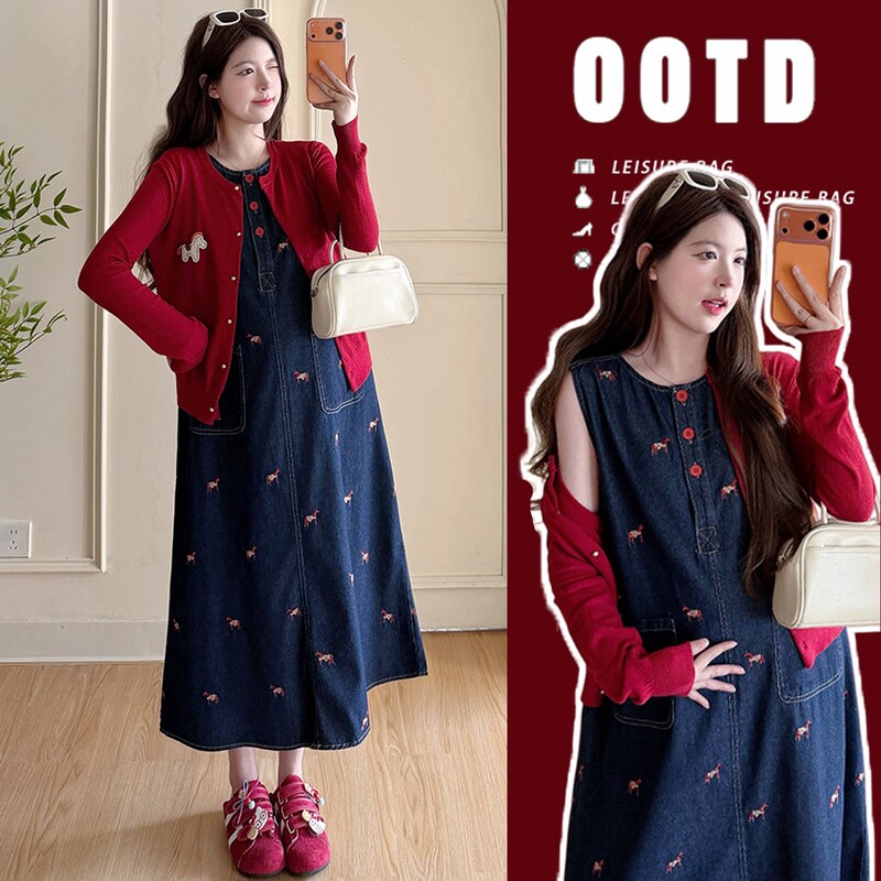British Dhwa Maternity Suit 2026 Spring Style Pregnant Mother's French Pony Embroidered Denim Dress Knitted Cardigan British Dhwa Maternity Suit 2026 Spring Style Pregnant Mother's French Pony Embroidered Denim Dress Knitted Cardigan