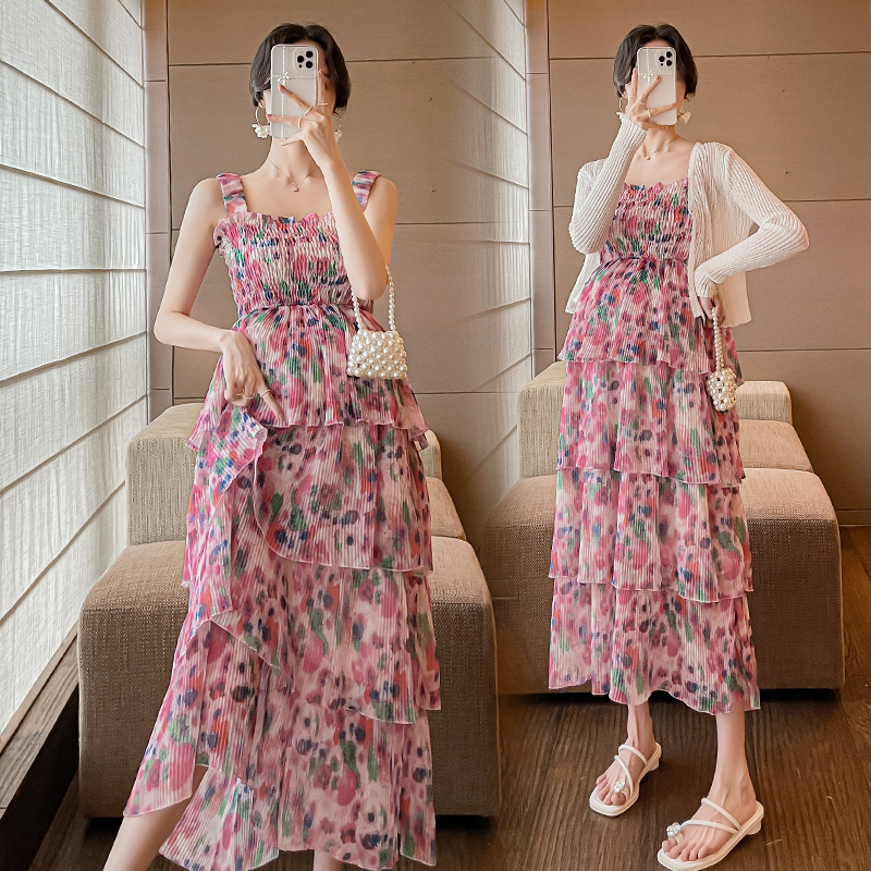 British Dhwa Maternity Summer Dress New Sun Protection Shirt Elegant Floral Cake Suspender Dress Set French Dress