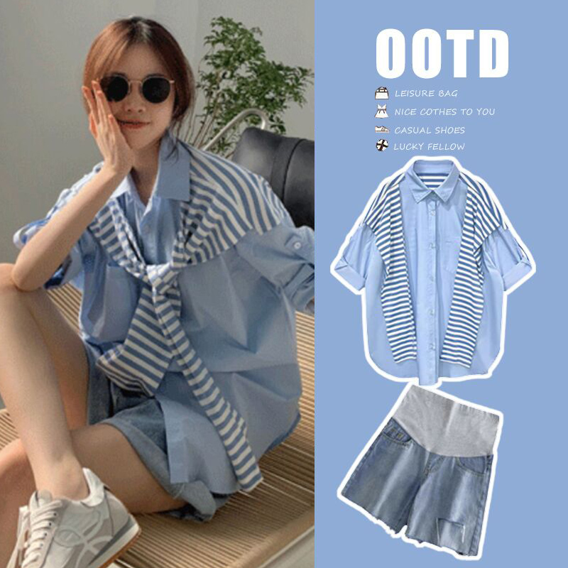 British Dhwa Maternity Wear Summer 2026 New Striped Shawl Shirt Top Denim Shorts Two-Piece Set for Women
