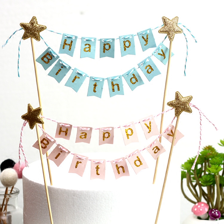 Cake Decoration Inserts Banner Creative Gold Pink Stars Happy Birthday Cake Party Laqi Placard Sweet Table Decoration