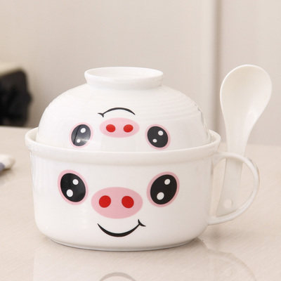 Suitable for microwave oven bowl pig pig bowl set student instant noodles ceramic bowl lunch box with handle lunch box