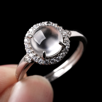 Russian glass type S925 silver inlaid jade ring ice type comparable to Burmese jade flat high ice round egg noodles