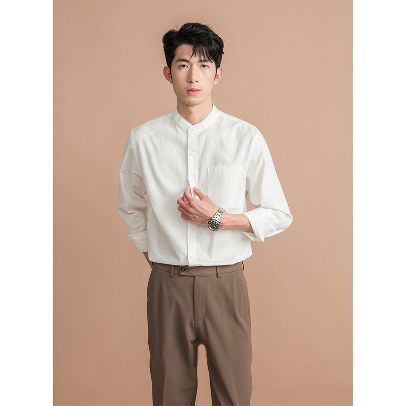 New Chinese-Style Striped Stand-Up Collar Long-Sleeve Shirt for Men, Spring and Autumn, High-End Casual Pure Cotton Short-Sleeve Zhongshan Engagement Shirt