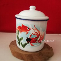 Old enamel cup large tea cylinder 80s goldfish pattern folk cup cup nostalgia collection movie props