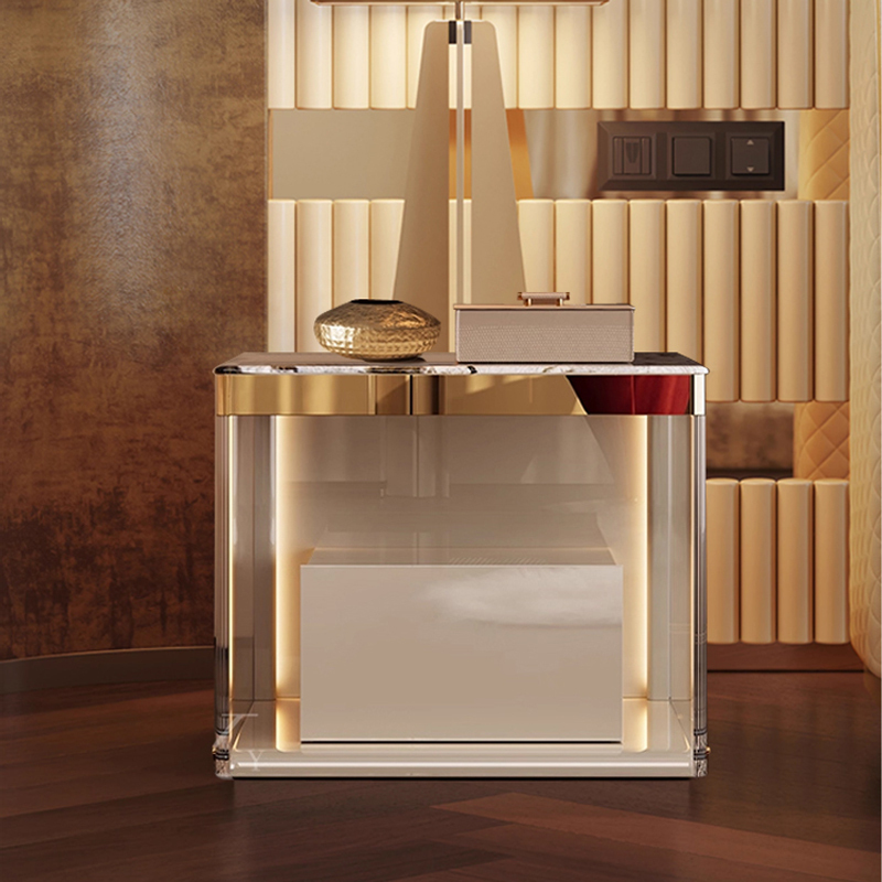 Italian Minimalist Transparent Acrylic Bedside Table with Gold Edges, Square Storage Cabinet with a High-End Luxury Stone Edge, Bedside Cabinet Italian Minimalist Transparent Acrylic Bedside Table with Gold Edges, Square Storage Cabinet with a High-End Luxury Stone Edge, Bedside Cabinet