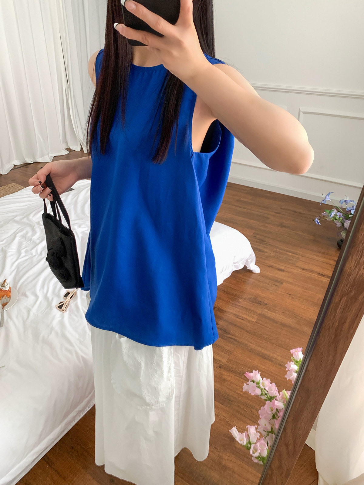 Блузка c家女装亚麻天丝背心标准版型圆领a字混纺缩褶上衣25夏新扭结无袖