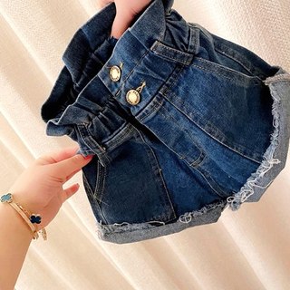 2024春夏新款女2童洋气裤子百搭儿1童牛仔短高腰阔腿花苞牛仔短潮