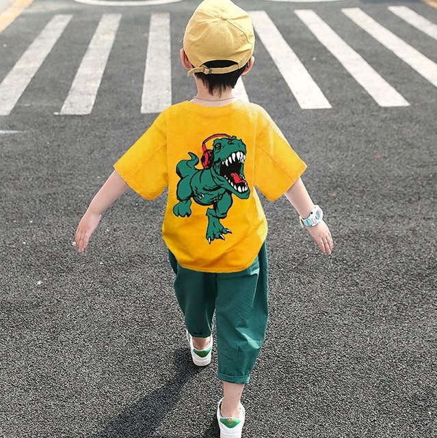 2023 New Dynamic T-shirt Two-piece T-shirt Western Style Boys Summer Suit Baby Children Casual Sports Korean Version