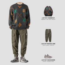 LAZY DAY tide brand autumn and winter full-length printed round neck sweater mens Korean version of the trend couple loose knitwear