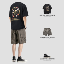 LAZY DAY original male wear Japanese cultural fun printed short sleeve T-shirt male loose straight tube work shorts tide