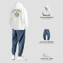LAZY DAY original mens clothing with a set of handsome spring and autumn printed hooded sweatshirt loose casual sweatpants tide