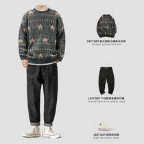 LAZY DAY original mens set with handsome round neck sweater mens sweater loose Japanese retro suit