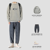 LAZY DAY mens clothing set with ruffian handsome Japanese spring and autumn round neck sweater mens loose straight jeans