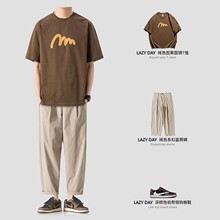 LAZY DAY original men's clothing set paired with Japanese minimalist printed short sleeved round neck T-shirt for men's loose casual pants