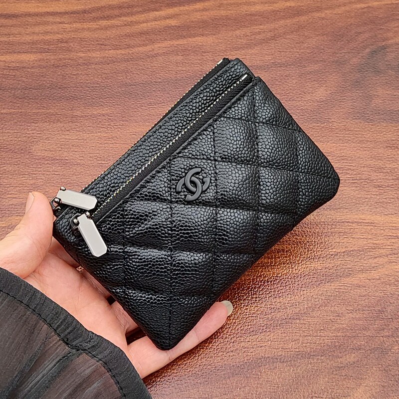 Caviar-Patterned Card Holder Coin Purse for Women 2026 New Genuine Leather Double Zipper Soft Leather Keychain Compact and Fragrant