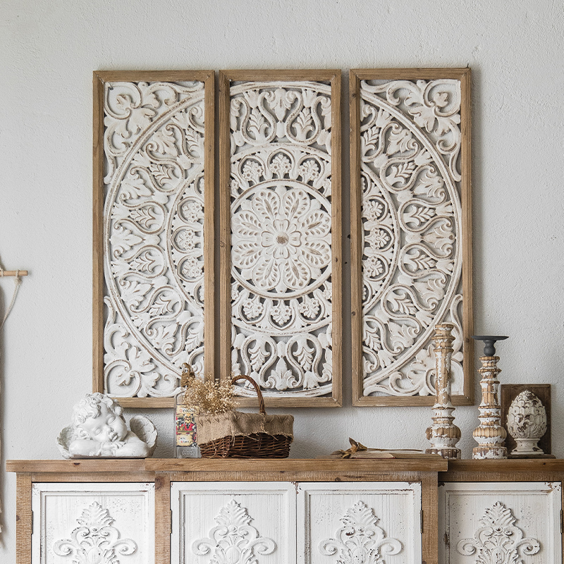 Wabi-Sabi Style Vintage Distressed Carved Hollow Wall Decoration for Living Room, Tea Room, Triptych Decorative Painting, Homestay, Hotel Wooden Wall Hanging