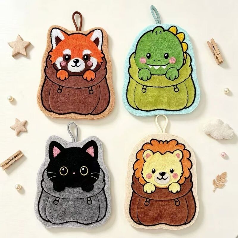 Cute and Fun Pocket-Sized Animal Hand Towels, Hangable, with Designs of Fox, Dinosaur, and Lion, for Kitchen, Bathroom, and Children's Use