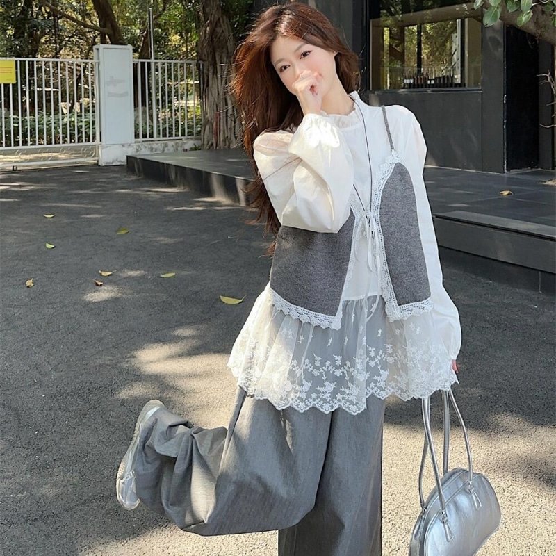 Casual and Lazy Style Lace Splicing Long-Sleeved Shirt Layered with Camisole and High-Waisted Wide-Leg Pants Three-Piece Set for Women Casual and Lazy Style Lace Splicing Long-Sleeved Shirt Layered with Camisole and High-Waisted Wide-Leg Pants Three-Piece Set for Women