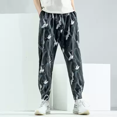 Sugar rose 20 Chinese style flying crane printed casual pants men's summer thin velcro drawstring cigarette tube pants