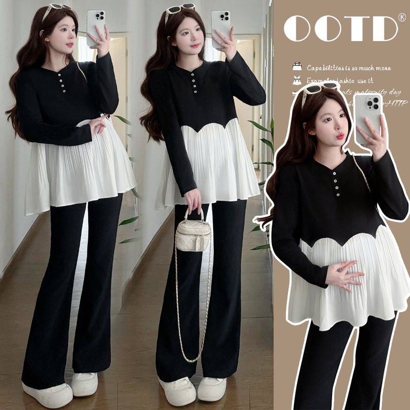 Maternity Wear Autumn Outfit Set, Fashionable and Stylish French Hepburn Style Pleated Babydoll Top, Spring and Autumn Two-Piece Set Maternity Wear Autumn Outfit Set, Fashionable and Stylish French Hepburn Style Pleated Babydoll Top, Spring and Autumn Two-Piece Set