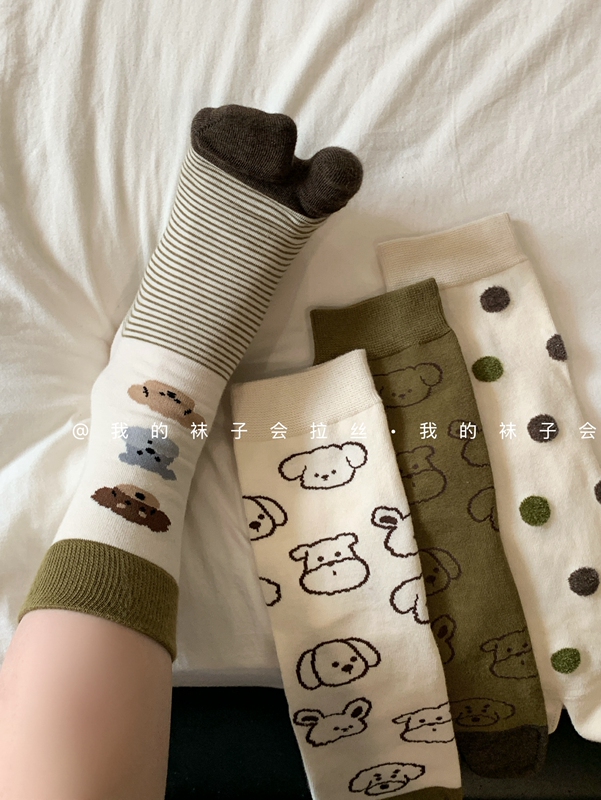 5 Colors·Autumn Lazy Illustration Puppy Olive Green Color-Blocking Seamless Toe Socks Cotton Socks (274)