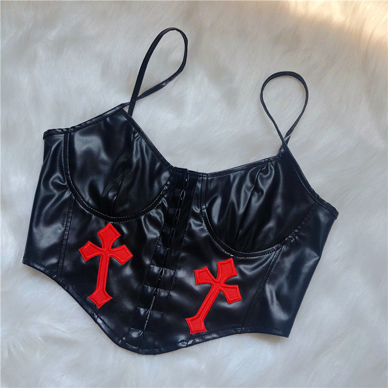 Original cross painted leather harness sexy workout punk dark black minimalist pure color chest cup row with spicy girl vest