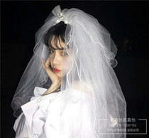 Travel photo props veil multi-layer pearl bow hair comb hair yarn Bride photo headdress super fairy forest series